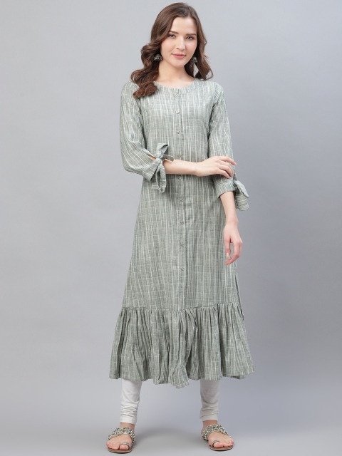 

AHIKA Women Grey & Off-White Checked A-Line Kurta