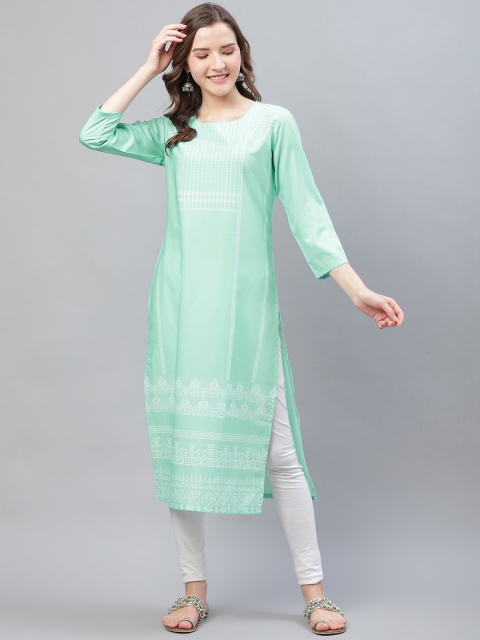 

AHIKA Women Green & White Printed Straight Kurta