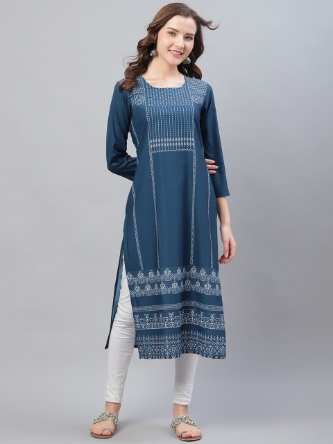 

AHIKA Women Navy Blue & White Printed Straight Kurta