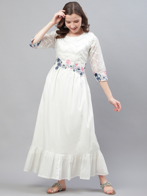 

AHIKA Women White Mirror Work Floral Embroidered Anarkali Kurta, Navy blue