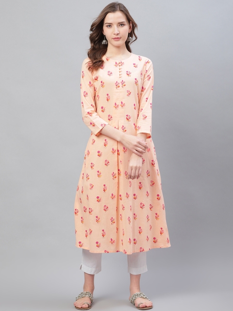 

AHIKA Women Peach-Coloured & Pink Floral Print A-Line Kurta