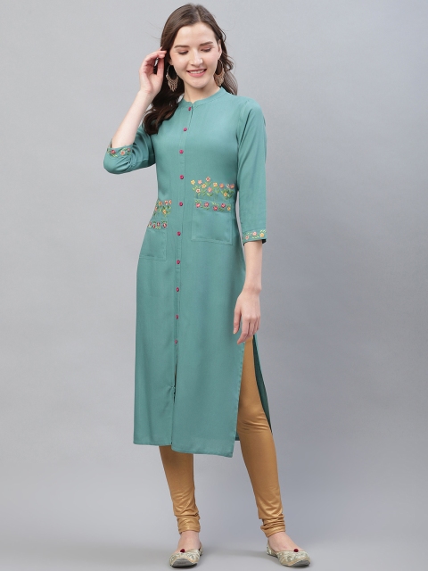 

AHIKA Women Green Embroidered Detail Straight Kurta