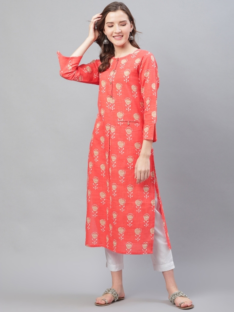 

AHIKA Women Coral Orange & Beige Printed Straight Kurta