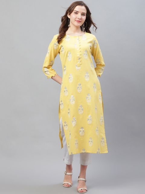 

AHIKA Women Yellow & White Ethnic Printed Straight Kurta