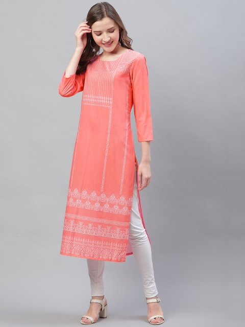 

AHIKA Women Pink & White Ethnic Printed Straight Kurta