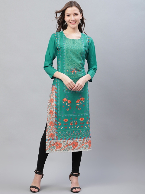 

AHIKA Women Teal Green & Peach-Coloured Ethnic Printed Straight Kurta