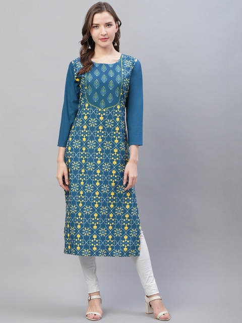 

AHIKA Women Navy Blue & Yellow Ethnic Printed Straight Kurta