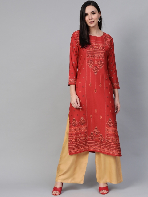 

AHIKA Women Rust Red & Orange Printed Straight Kurta