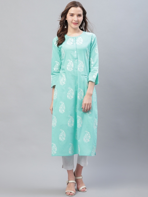 

AHIKA Women Blue & White Pleated Paisley Printed Straight Kurta