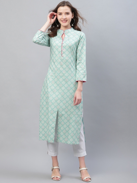 

AHIKA Women Sea Green & Off-White Printed Straight Kurta