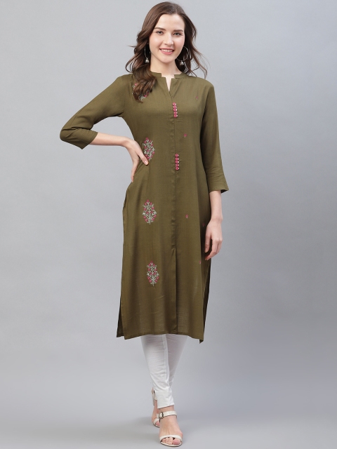 

AHIKA Women Olive Green & White Embroidered Straight Kurta