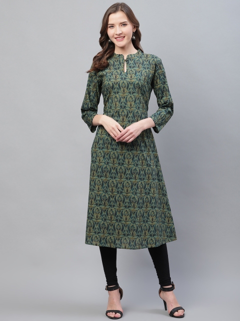 

AHIKA Women Green & Navy Blue Printed A-Line Kurta