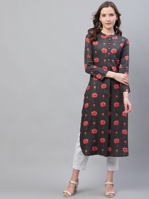 

AHIKA Women Charcoal Grey & Pink Pleated Floral Printed Straight Kurta