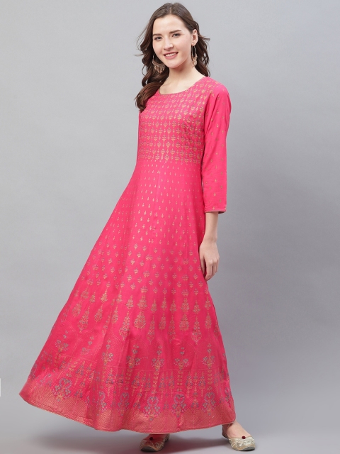 

AHIKA Women Coral Pink & Golden Ethnic Printed Anarkali Kurta