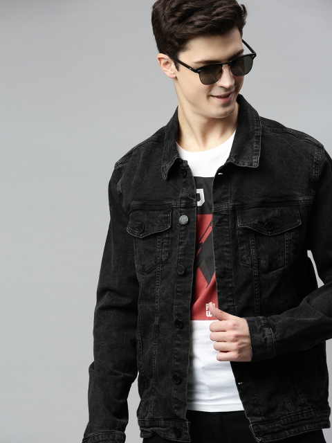 

HERE&NOW Men Charcoal Grey Washed Denim Jacket
