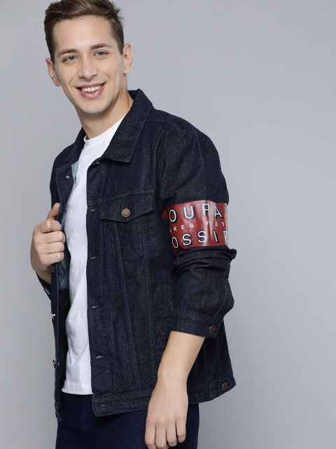 

HERE&NOW Men Blue Solid Denim Jacket with Print Detail