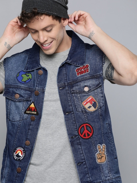 

HERE&NOW Men Blue Washed Denim Jacket with Applique Detail