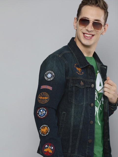

HERE&NOW Men Blue Washed Denim Jacket with Applique