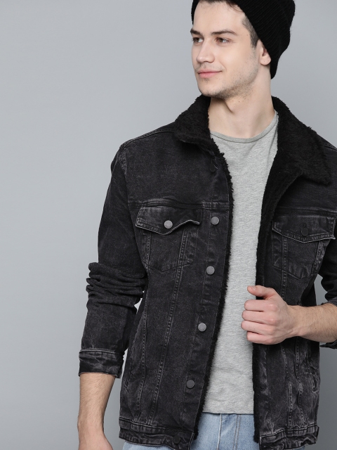 

HERE&NOW Men Black Solid Denim Trucker Jacket