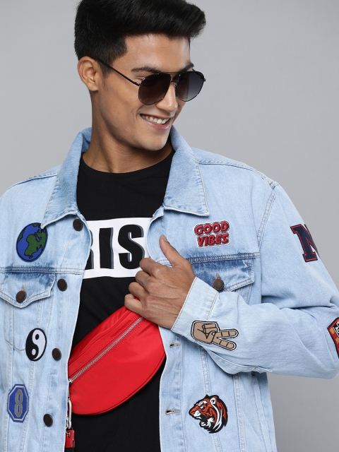 

HERE&NOW Men Blue Washed Denim Jacket with Applique Detail