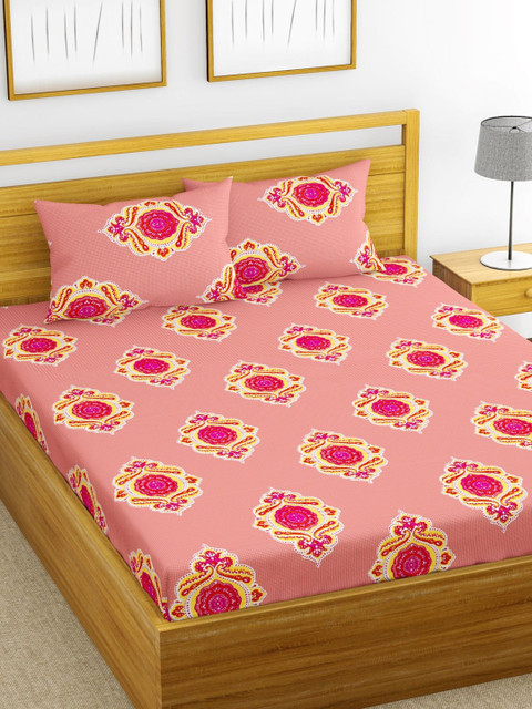 

URBAN SPACE Peach-Coloured Ethnic Motifs 200 TC Cotton 1 Queen Bedsheet with 2 Pillow Covers