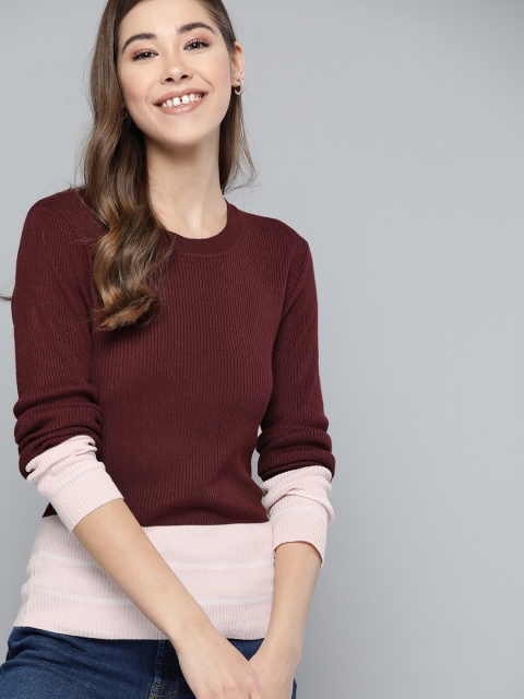 

Mast & Harbour Women Wine-Coloured & Pink Ribbed Colourblocked Pullover, Burgundy
