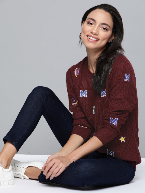 

Mast & Harbour Women Burgundy Embroidered Acrylic Pullover