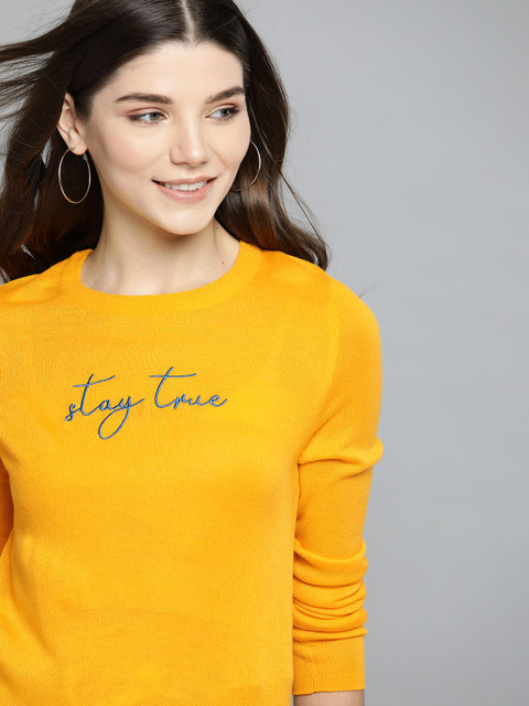 

Mast & Harbour Women Mustard Yellow Solid Acrylic Pullover