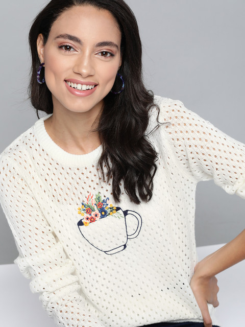 

Mast & Harbour Women Off-White Open-Knit Acrylic Pullover