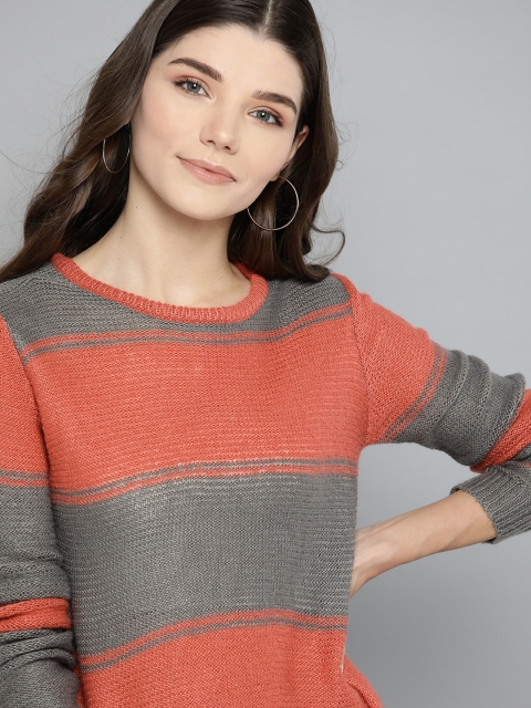 Women Coral Orange & Grey Striped Pullover Sweater