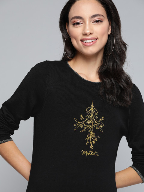 

Mast & Harbour Women Black Embroidered Pullover
