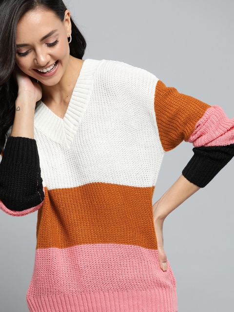 

Mast & Harbour Women White & Mustard Brown Colourblocked Pullover Sweater