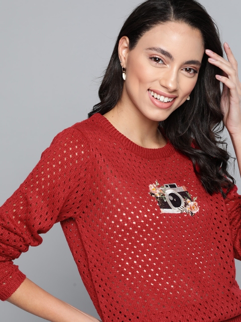 

Mast & Harbour Women Red Open Knit Acrylic Pullover