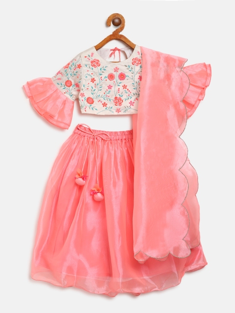 

Nauti Nati Girls Peach-Coloured & White Embroidered Ready to Wear Lehenga & Blouse with Dupatta