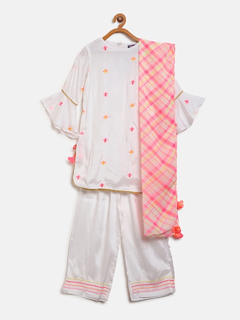 

Nauti Nati Girls White & Coral Pink Embroidered Kurta with Palazzos & Dupatta