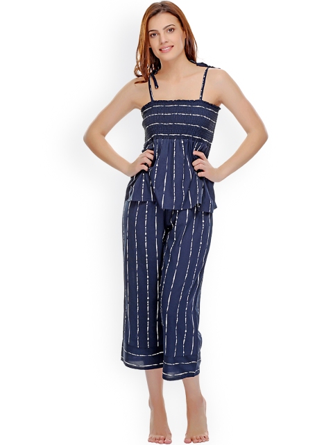 

Clovia Navy Striped Capri Set NS0548P08, Navy blue