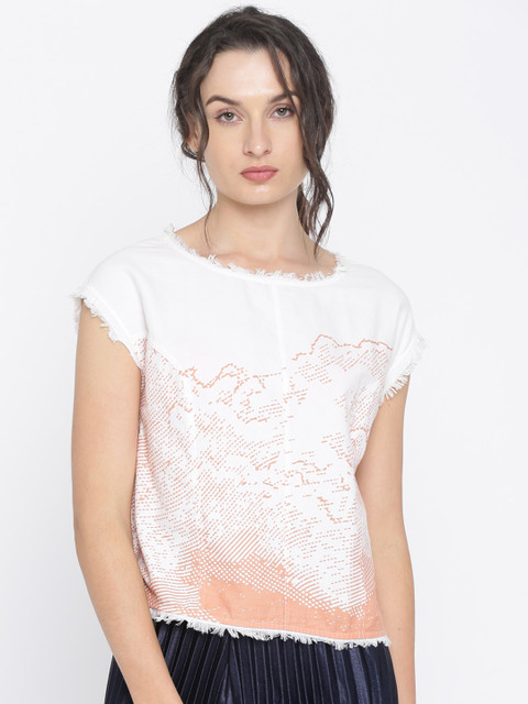 

Vero Moda Off-White Printed Crop Top with Fringes
