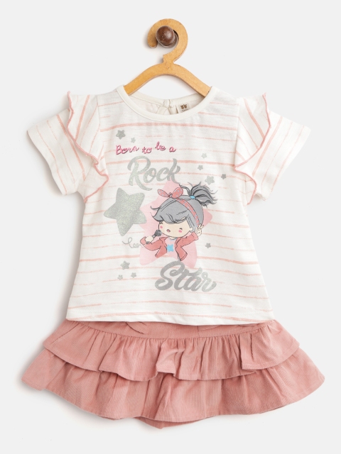 

TOFFY HOUSE Girls White & Pink Printed Top with Corduroy Skirt