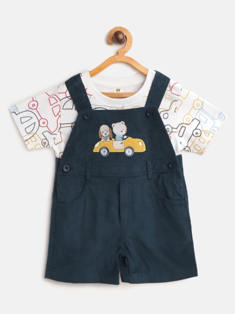 

TOFFY HOUSE Boys White & Navy Blue Cars Print T-shirt with Corduroy Dungarees