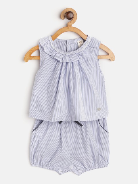 

TOFFY HOUSE Girls White & Navy Blue Striped Layered Rompers