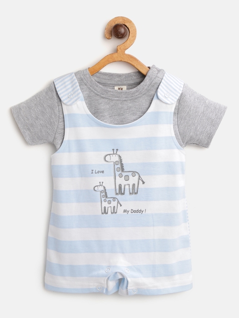 

TOFFY HOUSE Boys Grey Melange & White Solid T-shirt with Striped Dungarees