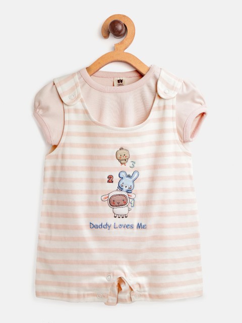 

TOFFY HOUSE Girls Peach-Coloured & White Solid Top with Striped Rompers