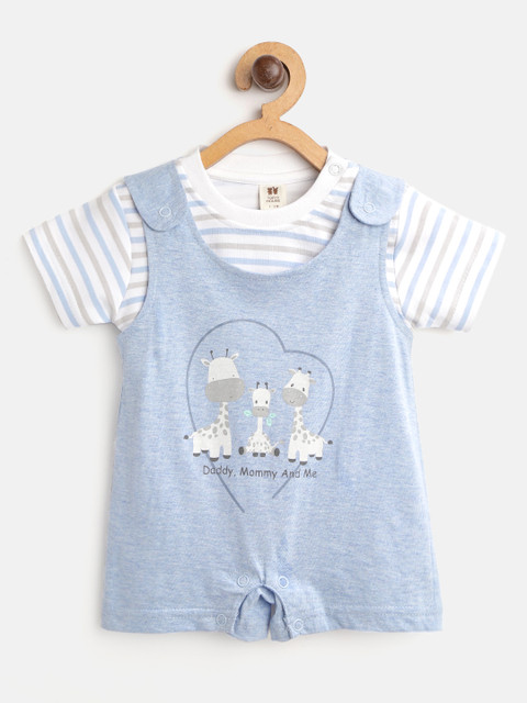 

TOFFY HOUSE Boys White & Blue Striped T-shirt with Printed Dungarees