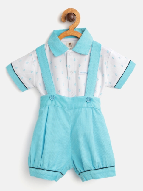 

TOFFY HOUSE Boys White & Blue Printed Shirt & Corduroy Shorts with Attached Suspenders