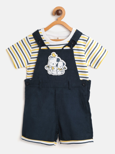 

TOFFY HOUSE Boys White & Navy Blue Striped T-shirt with Corduroy Dungarees