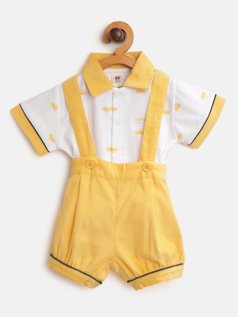 

TOFFY HOUSE Boys White & Yellow Printed Shirt & Corduroy Shorts with Attached Suspenders