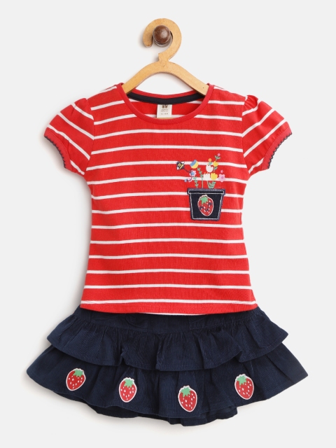 

TOFFY HOUSE Girls Red & Navy Blue Striped Top with Corduroy Skirt