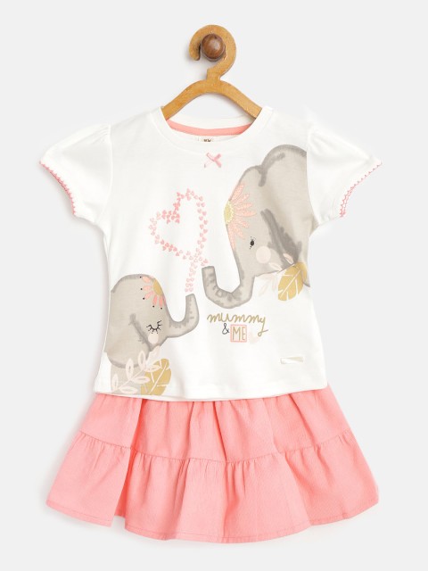 

TOFFY HOUSE Girls White & Peach-Coloured Elephant Print T-Shirt with Corduroy Tiered Skirt