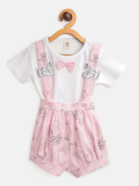 

TOFFY HOUSE Girls White & Pink Solid T-shirt & Printed Shorts with Attached Suspenders