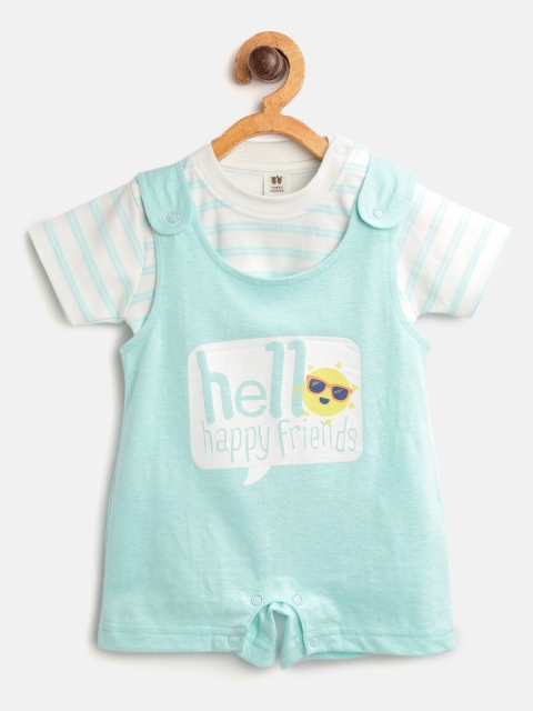 

TOFFY HOUSE Boys White & Sea Green Striped T-shirt with Printed Dungarees
